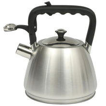 Stainless steel tea kettle with black handle and lid, pour spout and top knob