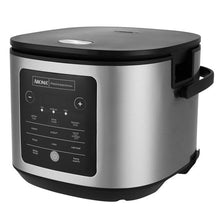 Stainless rice cooker with side handles and black lid; control panel on front