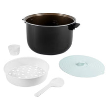 Cooker accessories set: inner pot, steamer tray, lid, measuring cup, and spatula