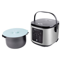 Stainless rice cooker with lid open and light blue steamer tray on top