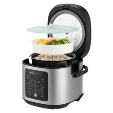 Stainless rice cooker with lid open; inner pot and translucent steamer tray visible