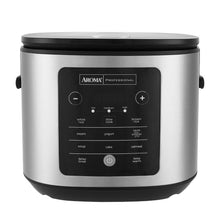 Stainless rice cooker with black control panel and front display buttons
