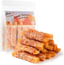 ASMPET sweet potato chicken bites dog treats in clear bag, stacked chew sticks
