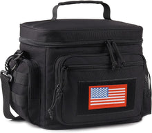 Black insulated lunch cooler bag with zip top, front pocket, and adjustable shoulder strap.