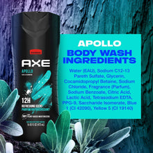 AXE Apollo body wash ingredients panel beside bottle, list text on blue card