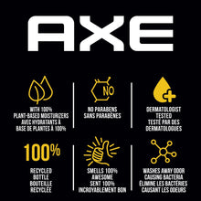 AXE Apollo body wash claim icons: 100% recycled bottle, no parabens, dermatologist tested