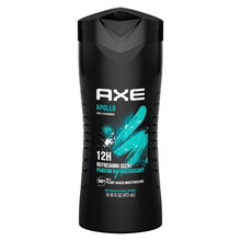 AXE Apollo body wash bottle, black with teal splash label and 12H refreshing scent