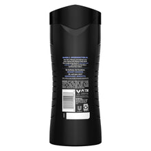 Back label of black body wash bottle with barcode and regulatory icons