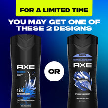 Body wash bottle on promo card, black AXE Phoenix label with blue leaf graphic
