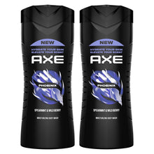 Moisturizing body wash bottles, black with AXE Phoenix blue leaf graphic (twin pack)