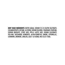 Body wash ingredients text on white background, listing water, glycerin, and fragrance