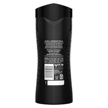 Black body wash bottle back label with barcode and product details