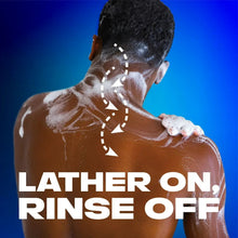 Man in shower with soap lather on back, 'LATHER ON, RINSE OFF' text