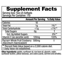 Supplement Facts label for AZO cranberry urinary tract softgels, serving table