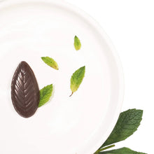 Dark chocolate oval mint on white plate with green peppermint leaves
