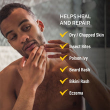Medicated rash ointment soothing claims with a man applying ointment to his face