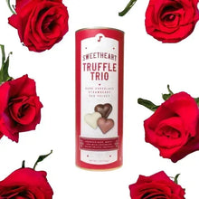 Sweetheart truffle trio gift tin centered with red roses around it