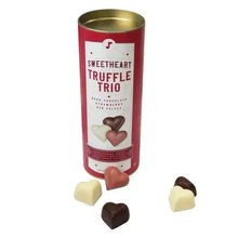 Sweetheart truffle trio gift tin with assorted heart chocolates on white background
