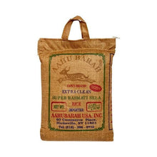 Burlap rice sack with printed label and carry handle, tan bag