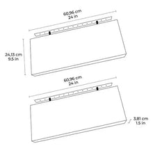 Set of two floating wood shelves with wall-mount hardware, shown with dimensions