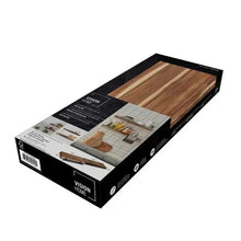 Packaged floating wood shelves with dark planks and included mounting hardware