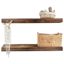 Dark walnut floating wood shelf with two ledges and hidden wall brackets