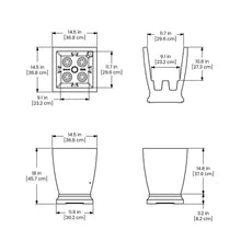 Planter dimensions diagram: top, front, side views with measurements