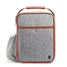 Gray insulated lunch bag with orange trim, top handle, and zip closure