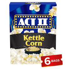 Act II Kettle Corn microwave popcorn package, blue and black with popcorn kernels