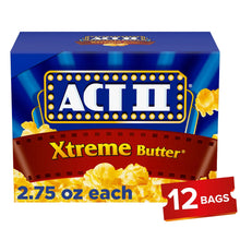 Act II Xtreme Butter microwave popcorn box showing 2.75 oz, 12-count bags.