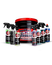 Car detailing kit with red-and-black bucket and colored spray bottles, 9-piece set