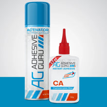 Cyanoacrylate super glue CA bottle with red nozzle and activator spray bottle