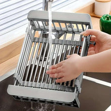 Stainless steel over-sink dish drying rack with adjustable rod bars and drain basket