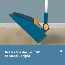Angled broom and dustpan set in sweep position, teal pan and dark bristles