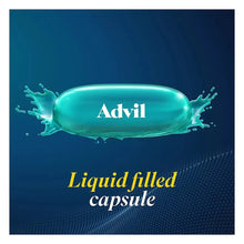 Green liquid-filled gel capsule graphic with Advil logo and splash