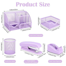 Purple mesh desk organizer with pen cup, stapler, tape dispenser, scissors, clip set, and ruler