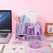 Purple mesh desk organizer with pen cup and office tools, including scissors, stapler, tape dispenser