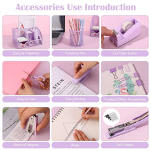Purple mesh desk organizer with stapler, tape dispenser, scissors, ruler, and accessory holders