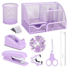 Purple mesh desk organizer set with cup, stapler, tape dispenser, staple remover, clips, scissors