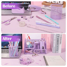 Purple desk organizer with mesh pen cup and office supplies, including tape, clips, ruler, scissors