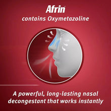 Nasal spray branding with head profile icon and contains Oxymetazoline text