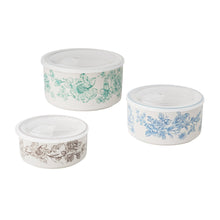 Nesting baker set bowls with lids, white stoneware with blue and green floral patterns