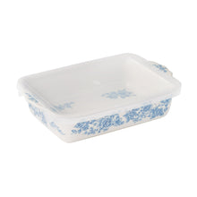 Rectangular white baking dish with lid, blue floral pattern along sides