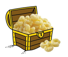 Cheddar puff snacks in an open crate, yellow-gold bite-size puffs