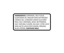 Ingredients label for cheddar puff snacks listing cornmeal, rice flour, and cheddar cheese