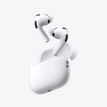 White wireless earbuds and open charging case, side angle