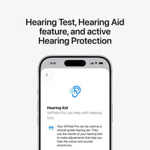 White wireless earbuds with smartphone screen showing hearing aid interface