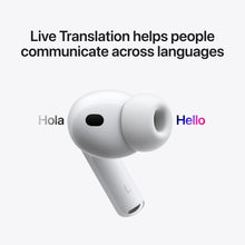 White wireless earbud with translation-style callouts, side view