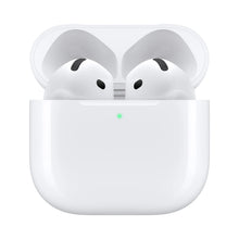White charging case with two earbuds visible, green status light in center