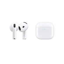 AirPods 4 wireless earbuds and white charging case, side view